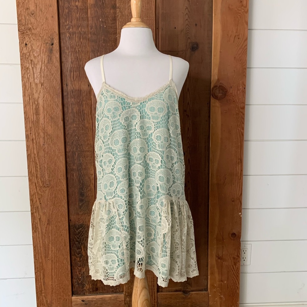 Betsey Johnson Skull Lace Slip Dress White Blue